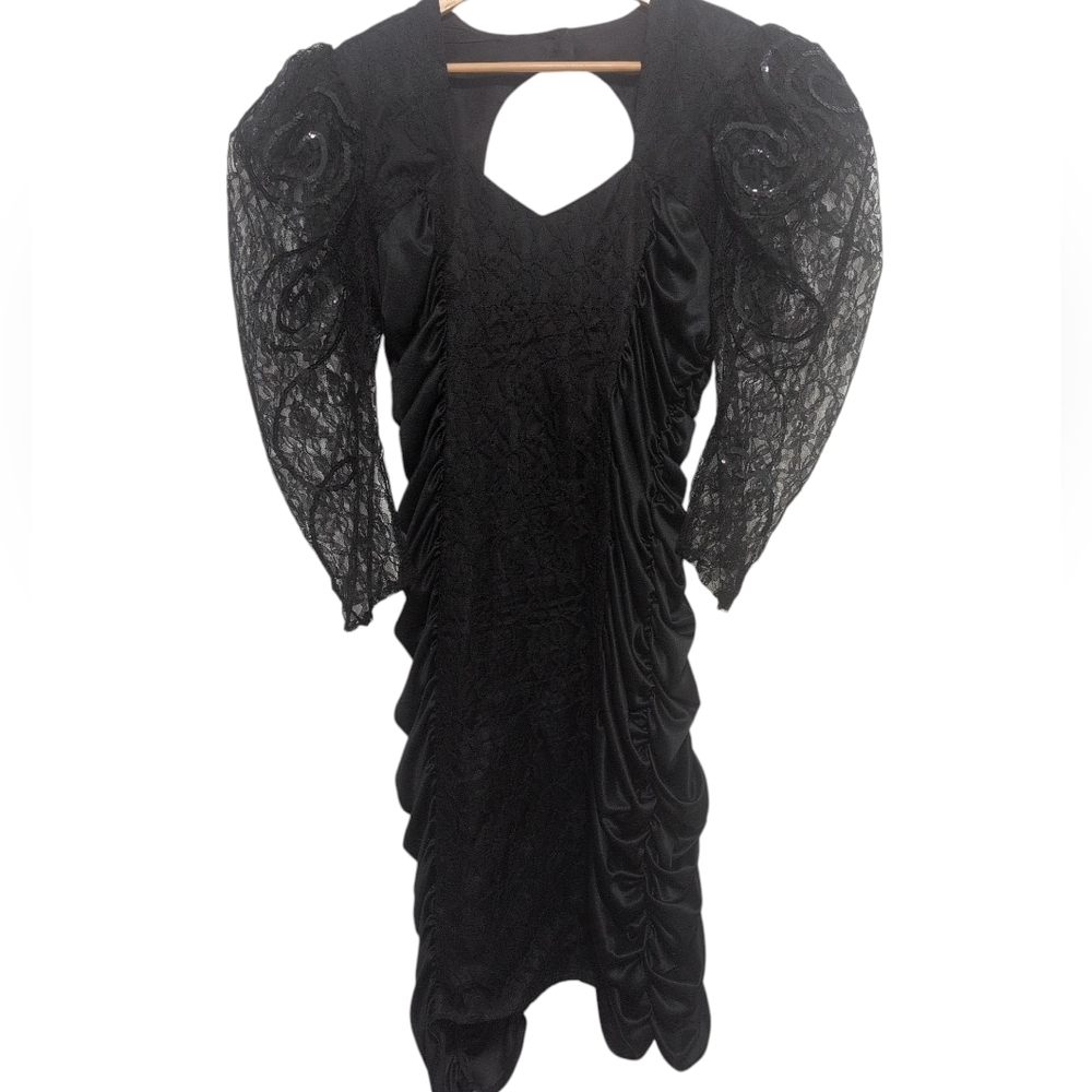 Vintage Lace Dress Arm Puff Shoulder Satin Bodycon Size 13/M/L